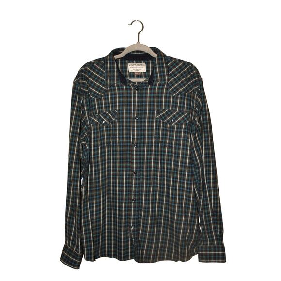 CODY JAMES $50 Brown Teal Plaid Long Sleeve Pearl Snap Flannel Shirt Men's XL - Picture 1 of 4